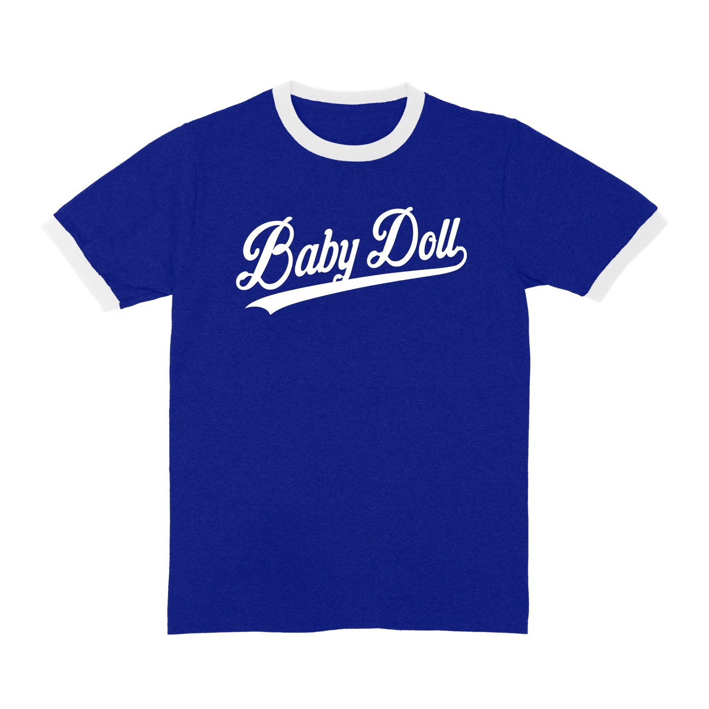 Royal blue ringer t-shirt with ‘Baby Doll’ in white baseball script